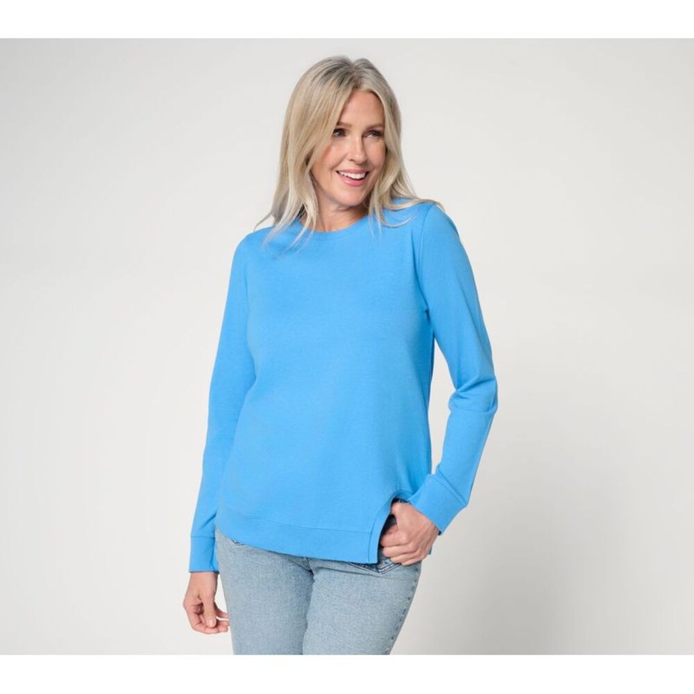 Peace Love World Women's Top Sz M Crew Neck Tunic Cutout Hem Blue